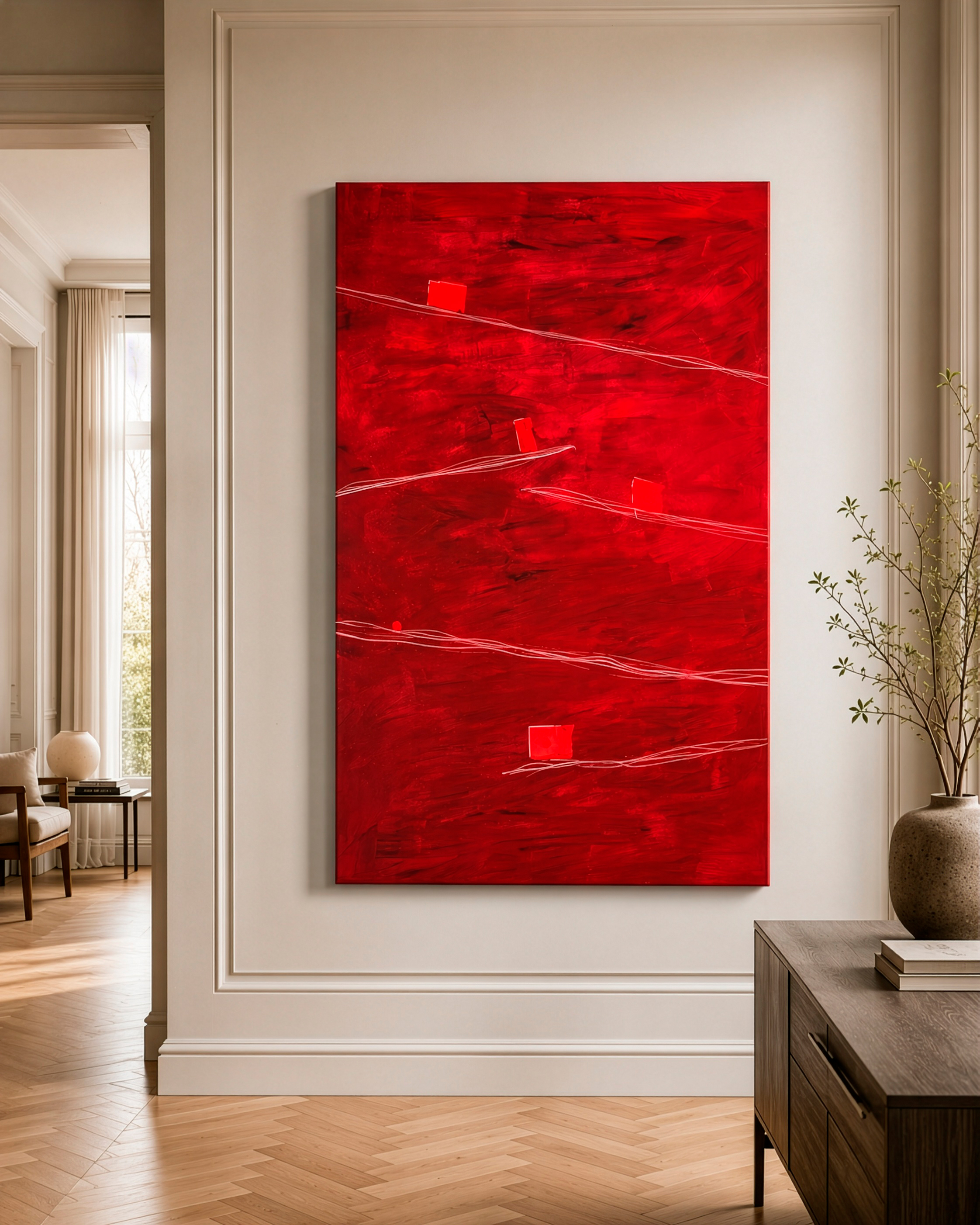 The painting installed in a calm interior, where scale, color and silence become part of the experience.