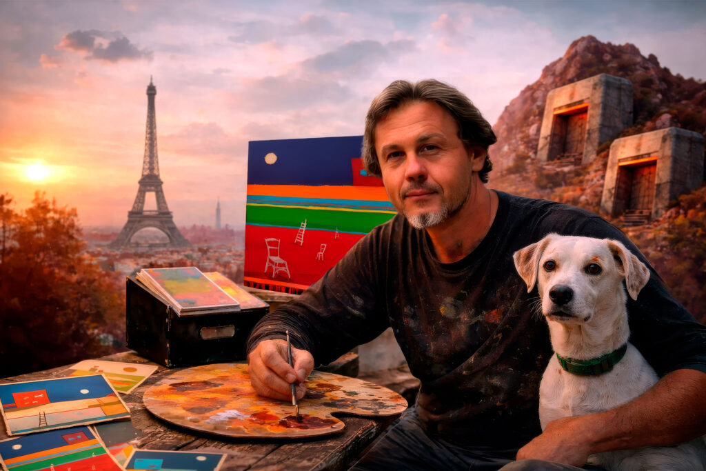 Visual artist Maurizio Valch in his studio, with his dog, surrounded by abstract paintings and symbolic landscapes