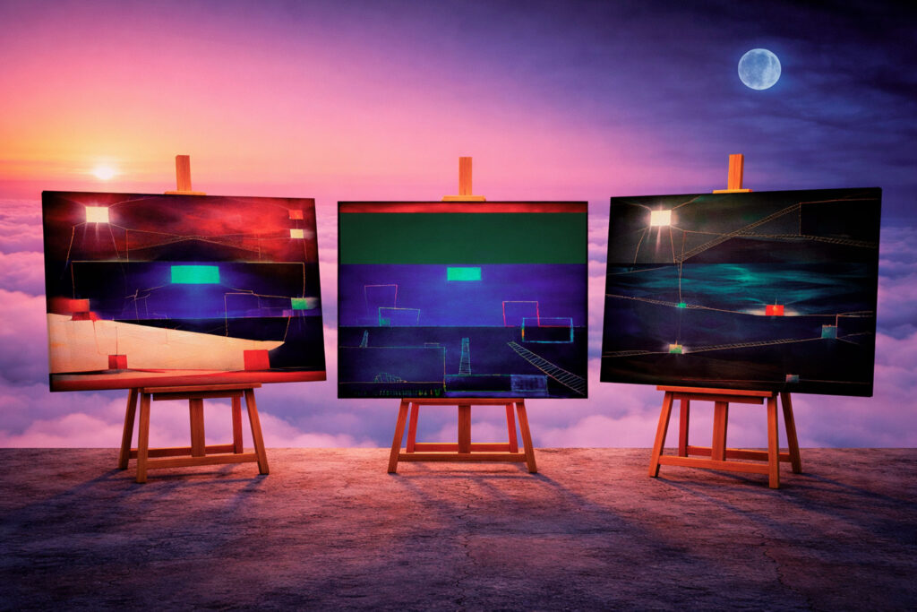 Metaphysical landscapes in contemporary abstract paintings by Maurizio Valch, exploring inner space, perception, and silence