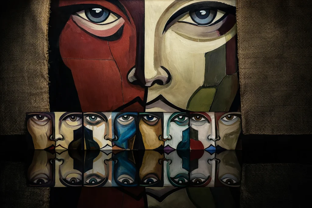 Fragmented symbolic faces in a contemporary abstract painting by Maurizio Valch, exploring identity, perception, and inner presence
