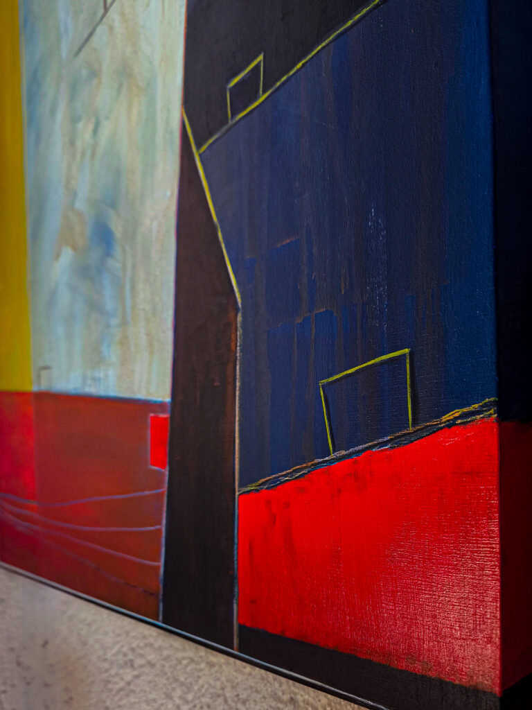 Detail of Maurizio Valch large scale metaphysical abstract painting 32x48 inches showing monolithic structure and red base