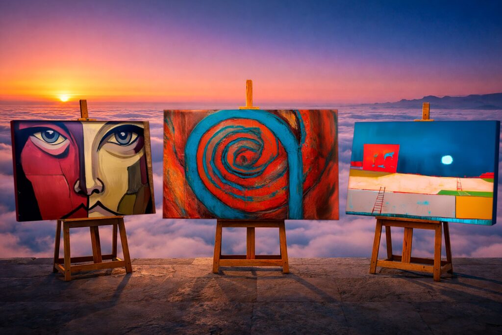 Contemporary abstract paintings by Maurizio Valch displayed on easels, exploring inner movement, symbolic faces, and contemplative landscapes