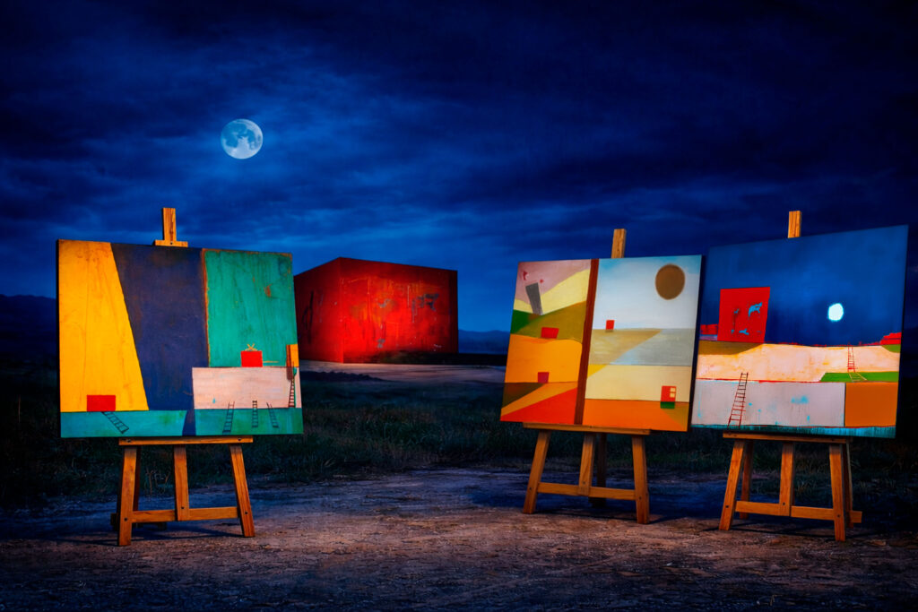 Symbolic Mediterranean landscapes in contemporary abstract paintings by Maurizio Valch, exploring inner space, stillness, and contemplative presence