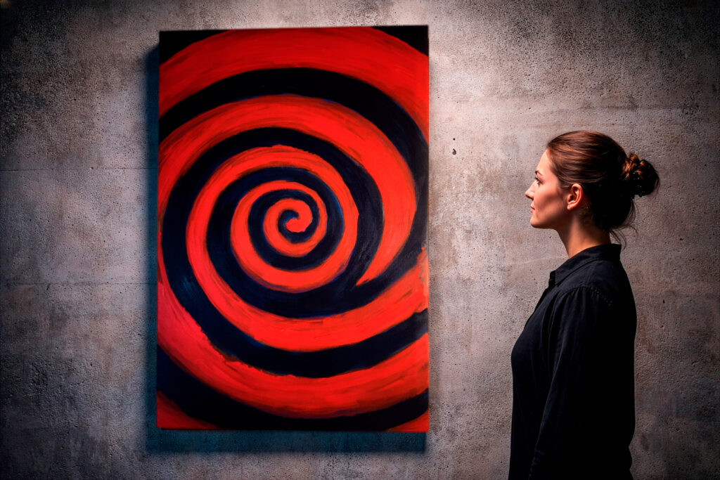 Red spiral abstract painting from the Genesis Studies series by Maurizio Valch exploring primordial movement and the origin of form.